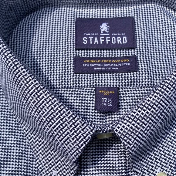 Stafford Men's Navy Houndstooth Checkered Long-Sleeved Dress Shirt 17 1/2 34-35 - Picture 2 of 3